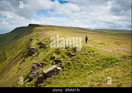 Weibliche Wanderer auf Bannu Sir Gaer Ridge, Black Mountain, Brecon Beacons National Park, Wales Stockfoto