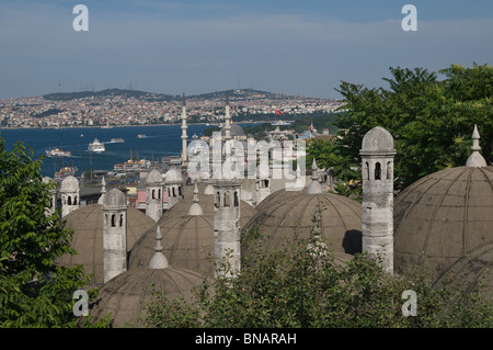 Süleymaniye-Moschee und kleinen Kuppeln, neue Moschee im Hintergrund, Istanbul, Türkei Stockfoto