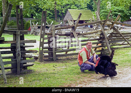 Ein Dolmetscher und ein Haustier Türkei beleben eine neu erstellt 1780er Jahren Farm im lebenden amerikanischen Revolution-Geschichtsmuseum in Yorktown, Virginia, USA. Stockfoto