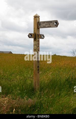 Ein Wegpunkt auf dem Shropshire Weg Stiperstones. Stockfoto