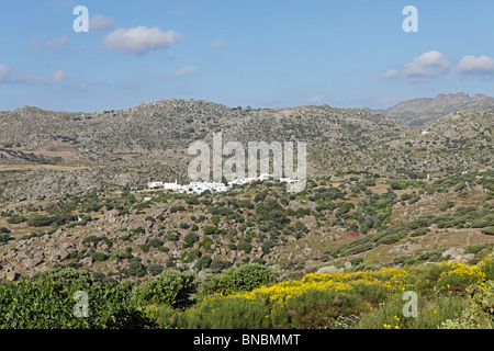 Panoramablick über das Bergdorf Volas, Insel Tinos, Kykladen, Ägäis, Griechenland Stockfoto