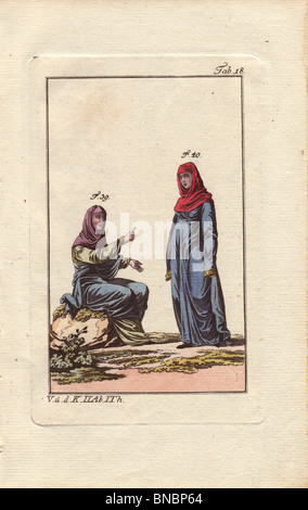 Anglo-Saxon Frau in Sommerkleidung und Anglo-Saxon Frau in Reisen Kleidung oder Winterkleidung Stockfoto