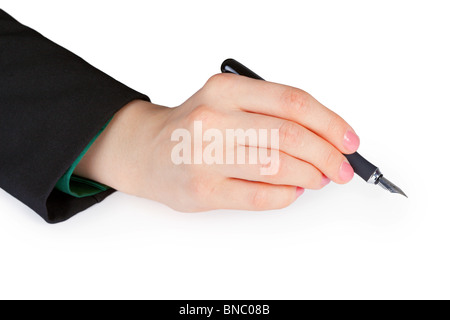Frauen Hand mit Stift isoliert auf weißem Hintergrund Stockfoto