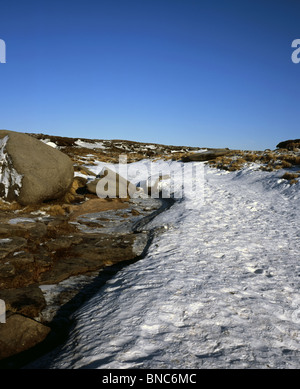 Der Kurs von The River Kinder unter eine Decke von Eis und Schnee an Kinder Untergang Kinder Scout Derbyshire in England Stockfoto