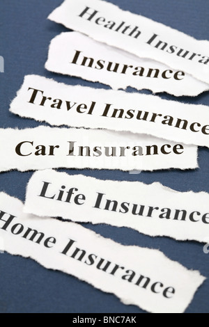 Überschrift der Versicherungspolice, Leben; Gesundheit, Auto, Reisen, zu Hause, für den Hintergrund Stockfoto