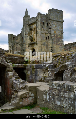 Warkworth Castle, der Löwe-Turm und der Stiftungen und Krypta der Kirche. Stockfoto