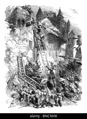 Schwarz und weiß Illustration of Joan of Arc tätlichen Angriffs auf den Zinnen an La Tournelle während der Schlacht von Orelans im Jahr 1429 Stockfoto