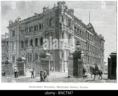 Eine Gravur der Regierungsgebäude, Macquarie Street, Sydney, New South Wales, Australien, veröffentlicht in einem Buch, gedruckt im Jahre 1886. Stockfoto