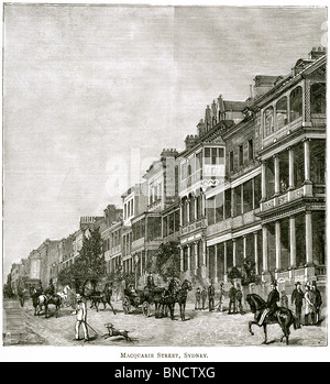 Ein Stich von Macquarie Street, Sydney, New South Wales, Australien - veröffentlicht in einem Buch, das 1886 gedruckt wurde. Für urheberrechtlich frei gehalten. Stockfoto