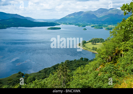 Ein Blick auf Derwent Water, im Sommer auf der Suche nach Keswick und Skiddaw in weiter Ferne.  Der Lake District, Großbritannien. Stockfoto