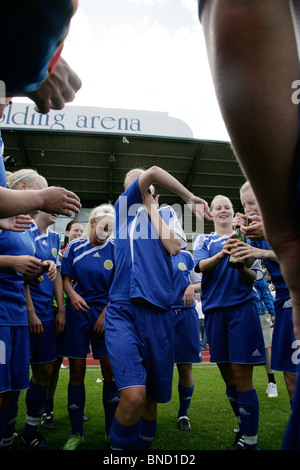 Aland feiern Schlusspfiff Frauen Fußball Finale NatWest Island Games 2009 Åland Gotland 2-0, 4. Juli 2009 Stockfoto