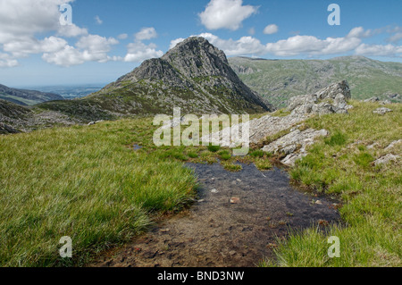 Blick von Tryfan im Snowdonia National Park, von der Glyderau Ridge mit einem Bach im Vordergrund an einem schönen sonnigen Tag. Stockfoto