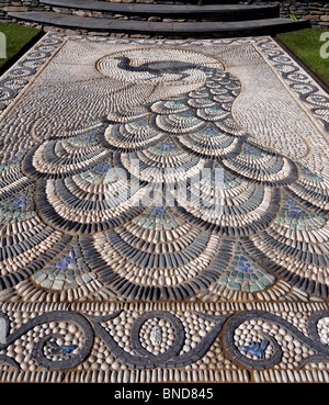 Ein gutes Beispiel für ein traditionelles Pfau Design in Pebble Mosaik verwendet in einem Garten Stockfoto