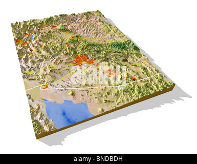 Arizona, 3D Reliefkarte mit städtischen Gebieten, Autobahnen und Grenzen. Stockfoto