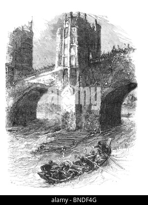 Schwarz-weiß-Illustration der Königin Eleanor der Provence an der London Bridge, die von Felsen, Schlamm und verfaulten Eiern von oben bepelzt wird. 1263 Stockfoto