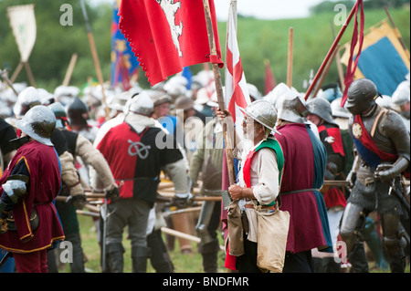 Haus von York Fahnenträger auf dem Schlachtfeld bei der Nachstellung der Schlacht von Tewkesbury. Mittelalter-fest 2010 Stockfoto