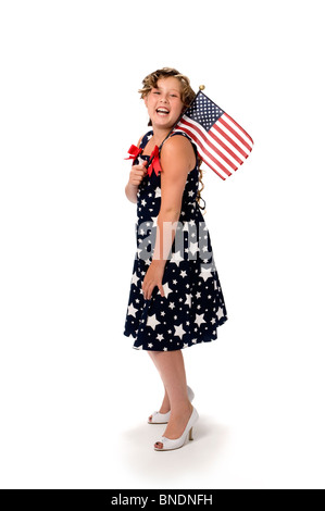 Porträt des jungen Mädchens im Studio Lachen mit amerikanischen Flagge Stockfoto