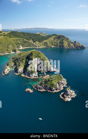 Motukoranga Insel, Devils Punkt und Humbug Bay, Coromandel Peninsula, North Island, Neuseeland - Antenne Stockfoto