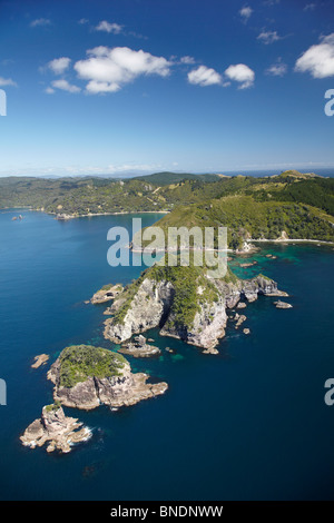 Motukoranga Insel, Devils Punkt und Humbug Bay, Coromandel Peninsula, North Island, Neuseeland - Antenne Stockfoto