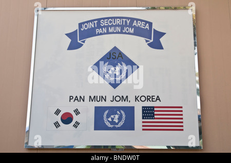 Joint Security Area, JSA, Zeichen außerhalb das Geschenk shop, DMZ, demilitarisierte Zone, Panmunjeom, Südkorea Stockfoto