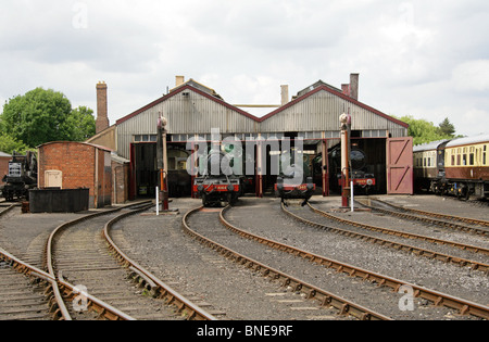 Lokschuppen, Didcot Railway Centre und Museum, Didcot, Oxfordshire. GWR 4144, GWR Trojan 1340, Nunney Castle 5029. Stockfoto