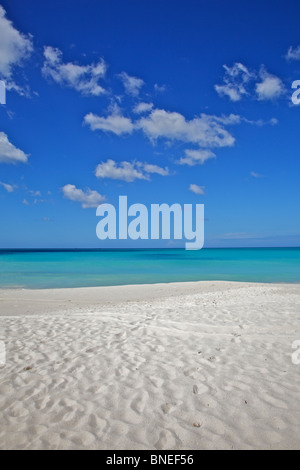 Fußspuren im karibischen weißen Sand mit einem blauen Himmel und tiefblaues Wasser Stockfoto