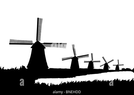 Eine Silhouette von Windmühlen in Kinderdijk, Holland Stockfoto