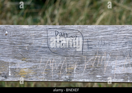 Graffiti auf einer Bank im Lloyd Park, Croydon, England. Stockfoto