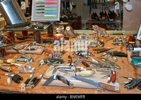 Anzeige von Messer und Taschenmesser in einem Fachgeschäft befindet sich in der Galerie De La Reine (Queens Gallery) in Brüssel Stockfoto