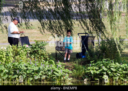 Vater und Sohn Angeln unter einen alten Weidenbaum. Stockfoto