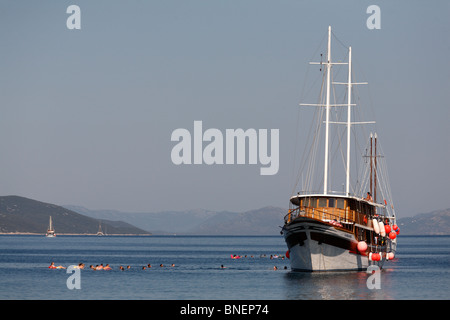 Touristen schwimmen ab Gulet Urlaub Charter Boot in der Bucht zwischen Kolocep und Lopud eines der Elaphiten Elafiti Inseln Kroatien Stockfoto