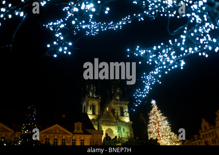 Weihnachtsbäume aufgewickelt mit Lichterketten in Old Town Square auf Weihnachten Stare Mesto. In Prag in der Tschechischen Republik Stockfoto