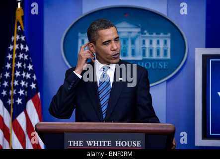 Präsident Barack Obama Statement ein an die Presse in der Presse Briefing-Room des weißen Hauses Stockfoto