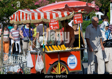 Stall, Verkauf von gegrilltem Mais auf Maiskolben auf Passanten im Sultanahmet-Park mit Touristen und Bougainvillea im Hintergrund Stockfoto