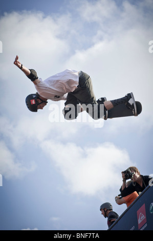 Weltweit besten Skater Tony Hawk in seiner Ausstellung in Barcelona als Teil seiner europäischen Skateboarding Stockfoto