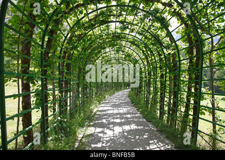 Die grünen Pergola Torbogen im barocken Garten im barocken Schloss Linderhof Graswangtal in der Nähe von Ettal in Bayern, Deutschland. Stockfoto