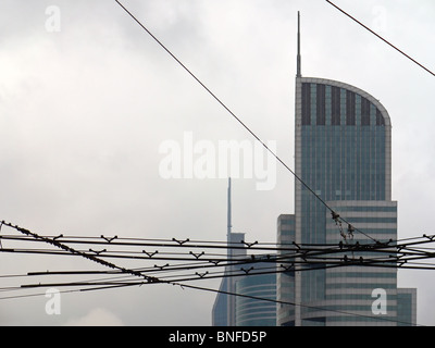 Bündel von Kabeln über die Straße mit Wolkenkratzern im Hintergrund, Shanghai, China Stockfoto
