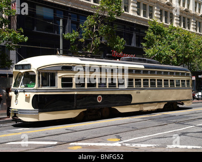 Marktstraße. MUNI F Line Straßenbahn verkehrt zwischen Castro und Fishermans Wharf über Market Street und Embarcadero. Stockfoto