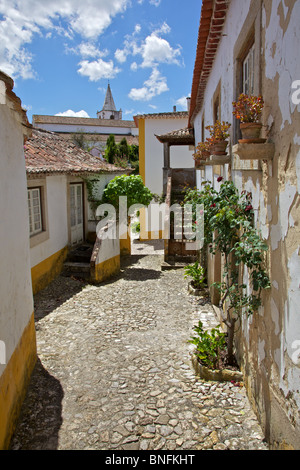 Mittelalterliche Straße mit Kopfsteinpflaster in der befestigten Mauern Europäischen Dorf Obidos Stockfoto