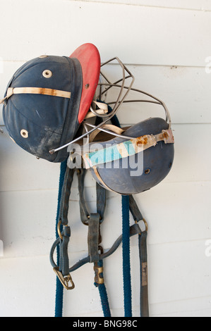 Helme hängen an der Wand im Houston Polo Club, houston, texas. Stockfoto