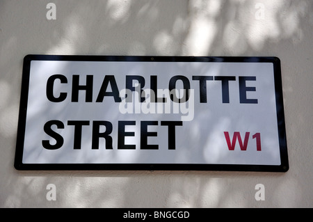 Straßenschild, Charlotte Street, Fitzrovia, City of Westminster, Greater London, England, Vereinigtes Königreich Stockfoto