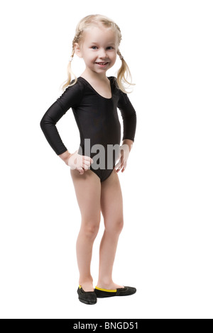 kleine blonde Mädchen in Bodysuit für Rhythmische Sportgymnastik, isoliert auf weiss Stockfoto