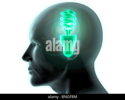 Nahaufnahme der Kopf eines Mannes mit einer glühenden CFL grün Glühbirne im Inneren Stockfoto