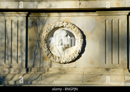 Porträt von Christopher Columbus auf Kolumbus-Denkmal; Jardines de Murillo Park / Botanischer Garten. Sevilla / Sevilla. Spanien Stockfoto