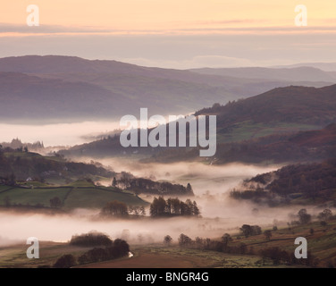 Nebel verweilt im kleinen Langdale Tal an der Dämmerung, Nationalpark Lake District, Cumbria, England. Herbst (November) 2009 Stockfoto