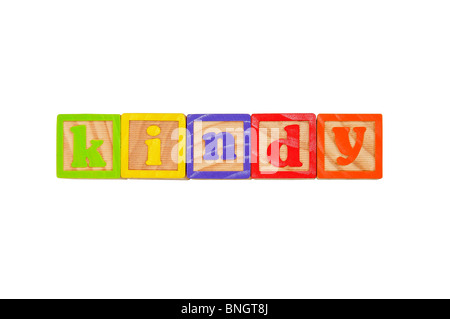 Kinder Alphabet Blocks Schreibweise des Wortes Kindy Stockfoto