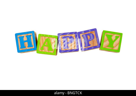 Kinder Alphabet Blocks Schreibweise des Wortes Happy Stockfoto