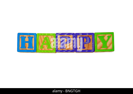 Kinder Alphabet Blocks Schreibweise des Wortes Happy Stockfoto