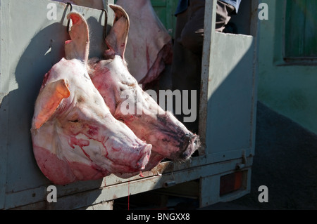 Bauern & produzieren Markt Szenen in der Stadt Trinidad, Kuba. Lebensmittel, Produkte, Tiere, Weine, Marmeladen, Brot, Bohnen, Gemüse Fleisch Stockfoto