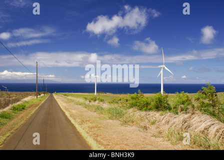 Wind trieb elektrische Generatoren auf der nördlichen Küste von The Big Island, Hawaii in der Nähe von Waimea Stockfoto